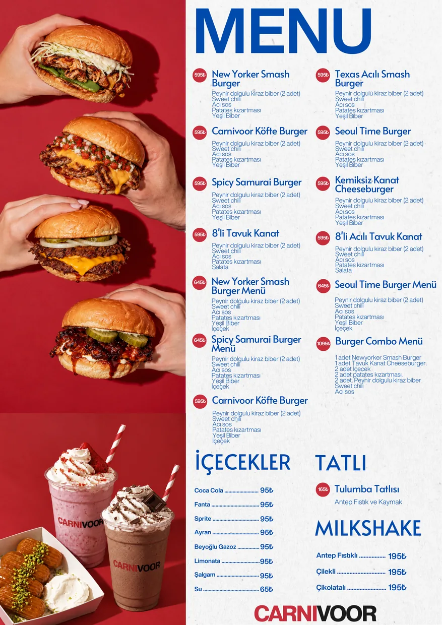 Carnivoor basılı menü, fiyatlı menü sayfası