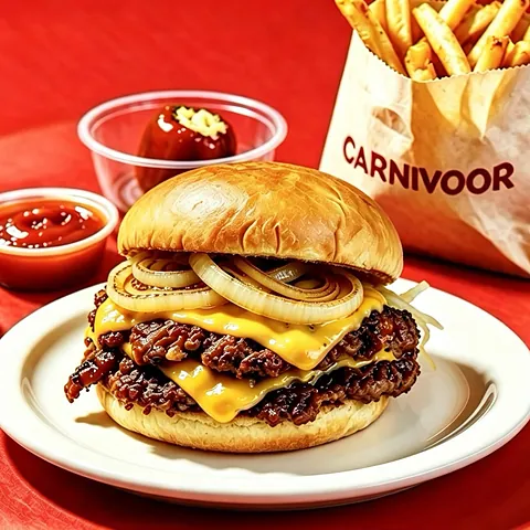 New Yorker smash burger: iki kat köfte, cheddar ve karamelize soğan; yanında patates ve soslar